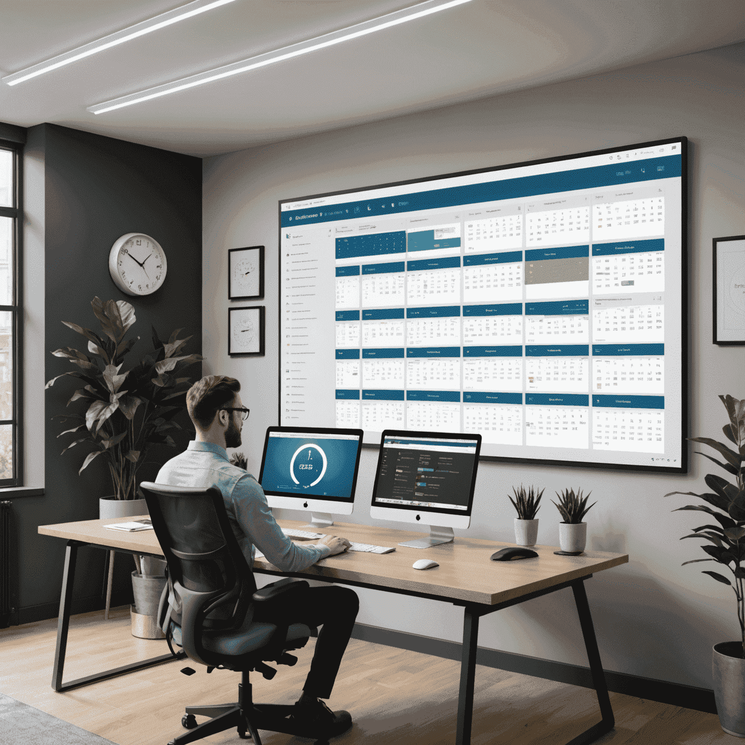 A modern office space with team members collaborating around a large screen displaying Schedul Station's interface, showcasing real-time scheduling and collaboration tools
