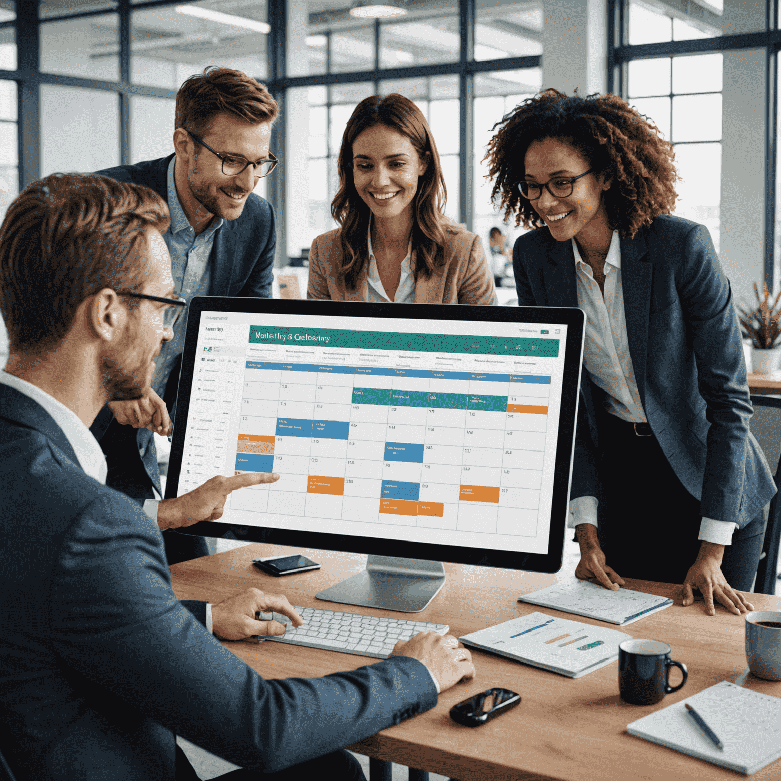 Team members collaborating on a shared calendar, scheduling meetings, and managing tasks together. The image shows a diverse group of professionals gathered around a large touchscreen display, interacting with a user-friendly calendar interface.