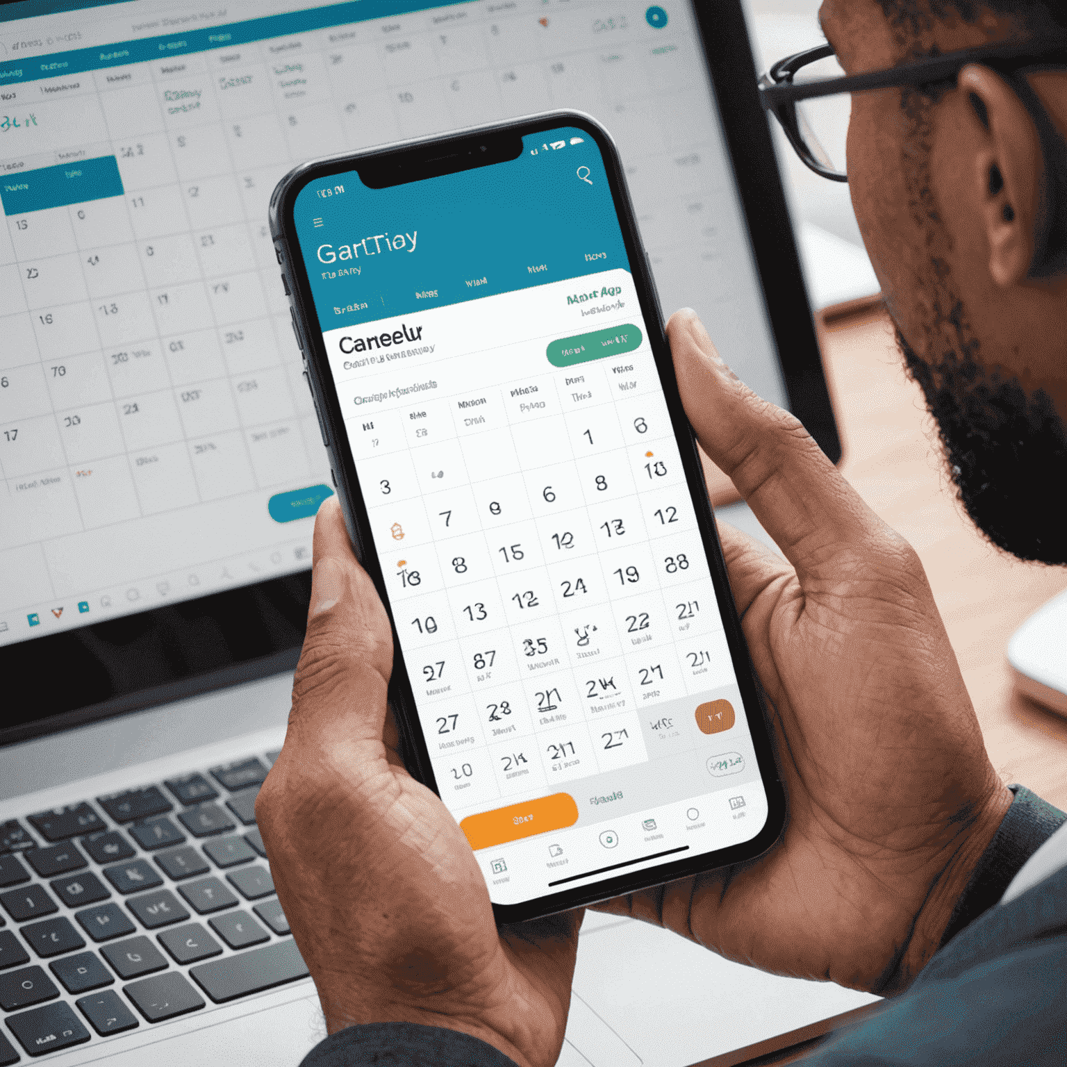 A person using a smartphone to access their calendar app, showing a clean interface with a monthly view and the ability to add events on the go. The app displays notifications for upcoming meetings and allows for easy schedule modifications.