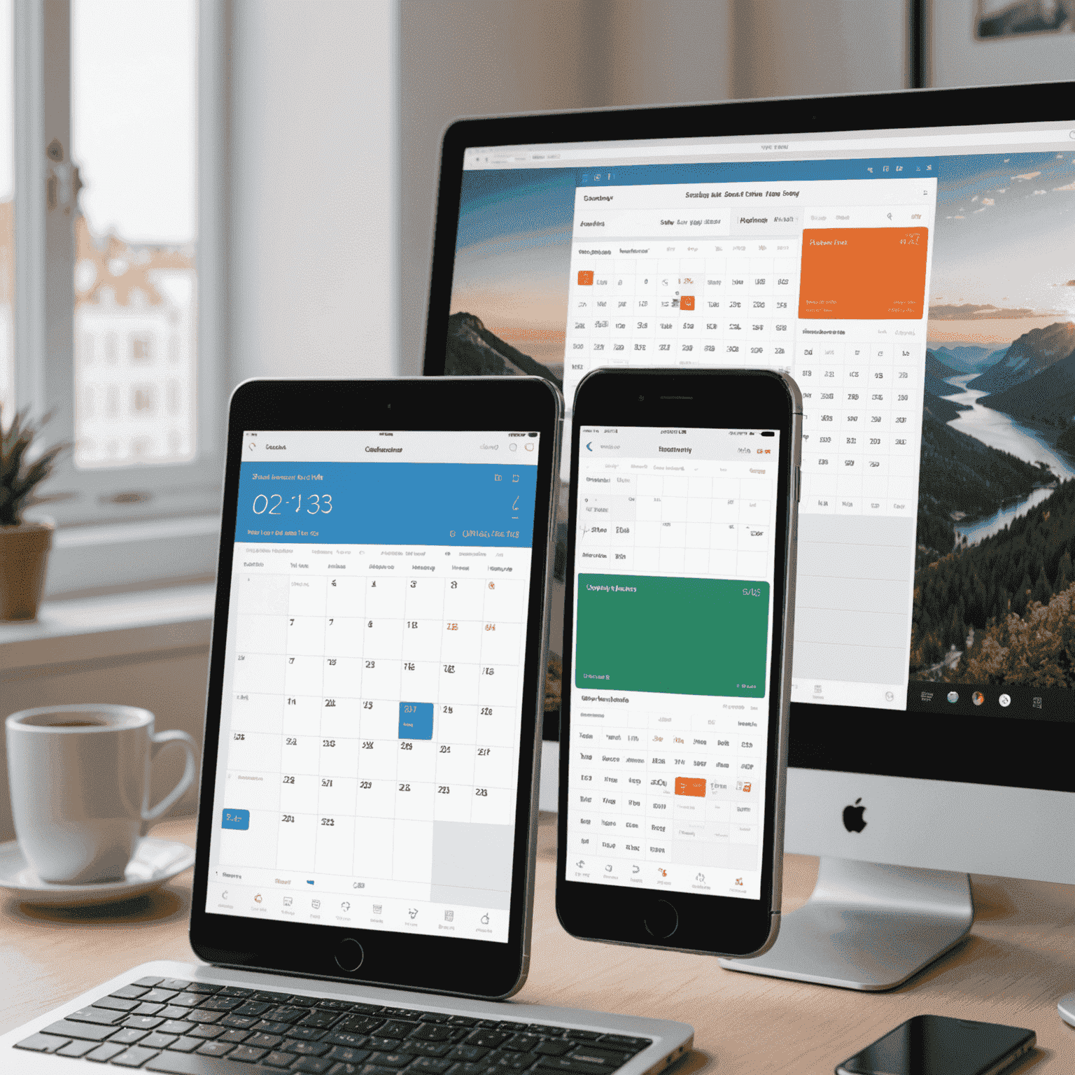 A split-screen view showing Schedul Station's mobile and desktop interfaces, highlighting the seamless sync of schedules across devices