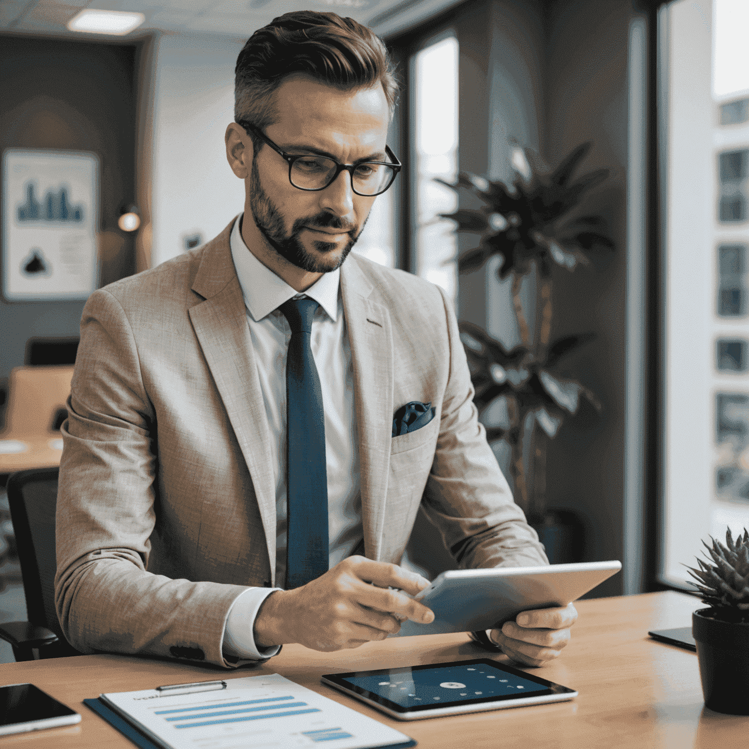 A professional consultant using the appointment booking system on a tablet while in a modern office setting