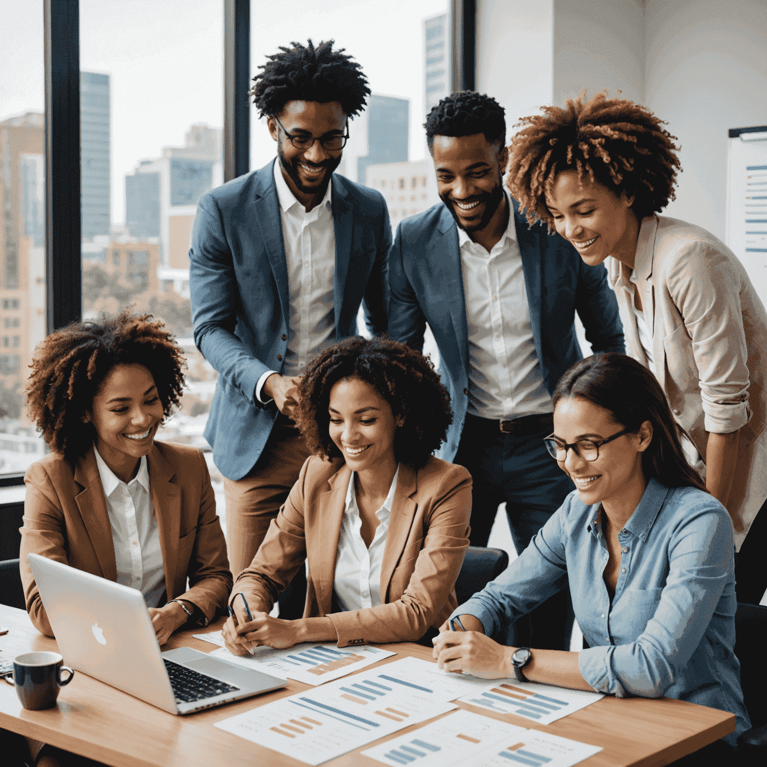 A diverse group of professionals smiling and interacting with Schedul Station on various devices, emphasizing the platform's role in fostering positive team dynamics