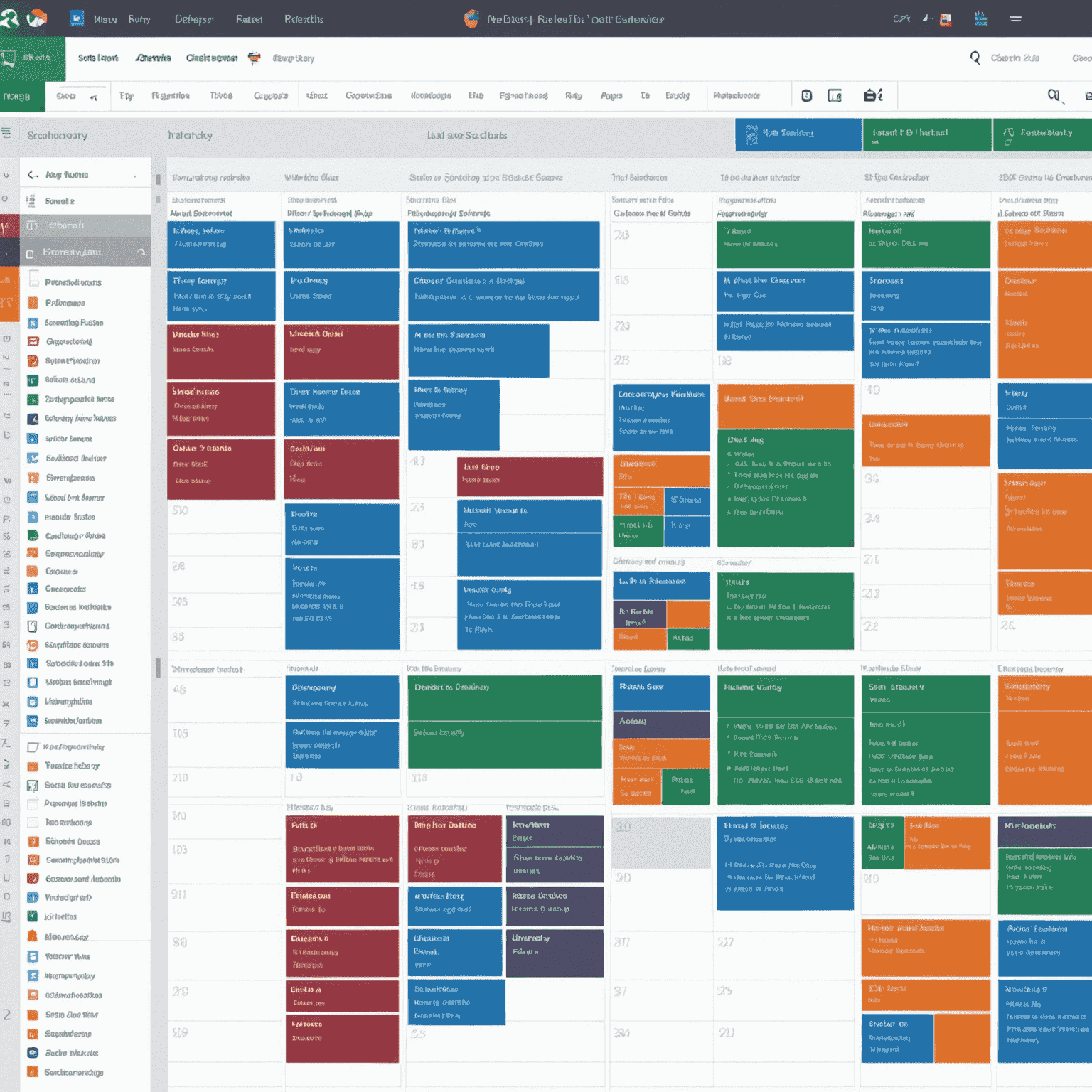 A split-screen view showing multiple team members' calendars side-by-side, with color-coded events and a shared project timeline