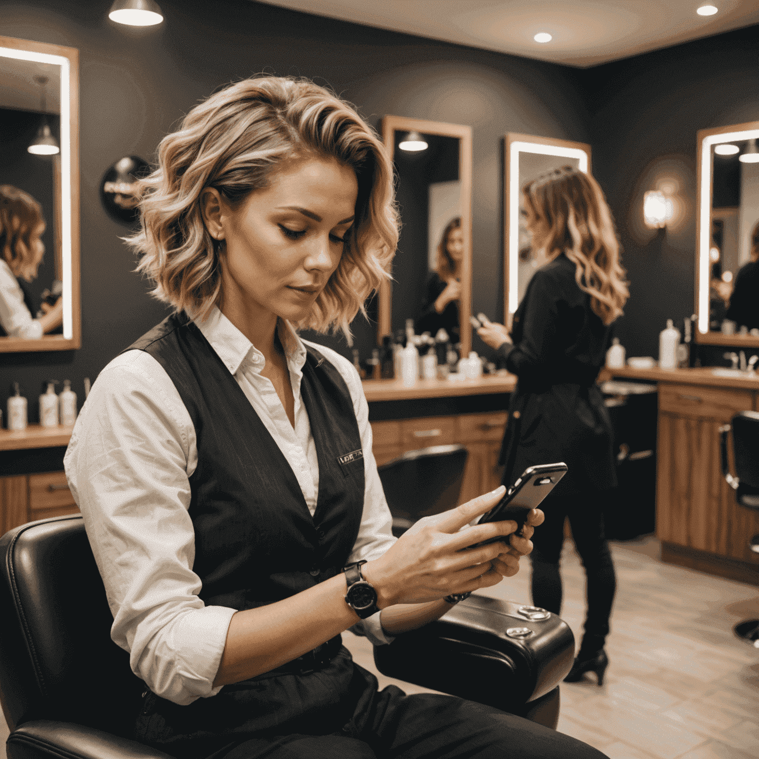 A hair stylist checking appointments on a smartphone in a stylish salon