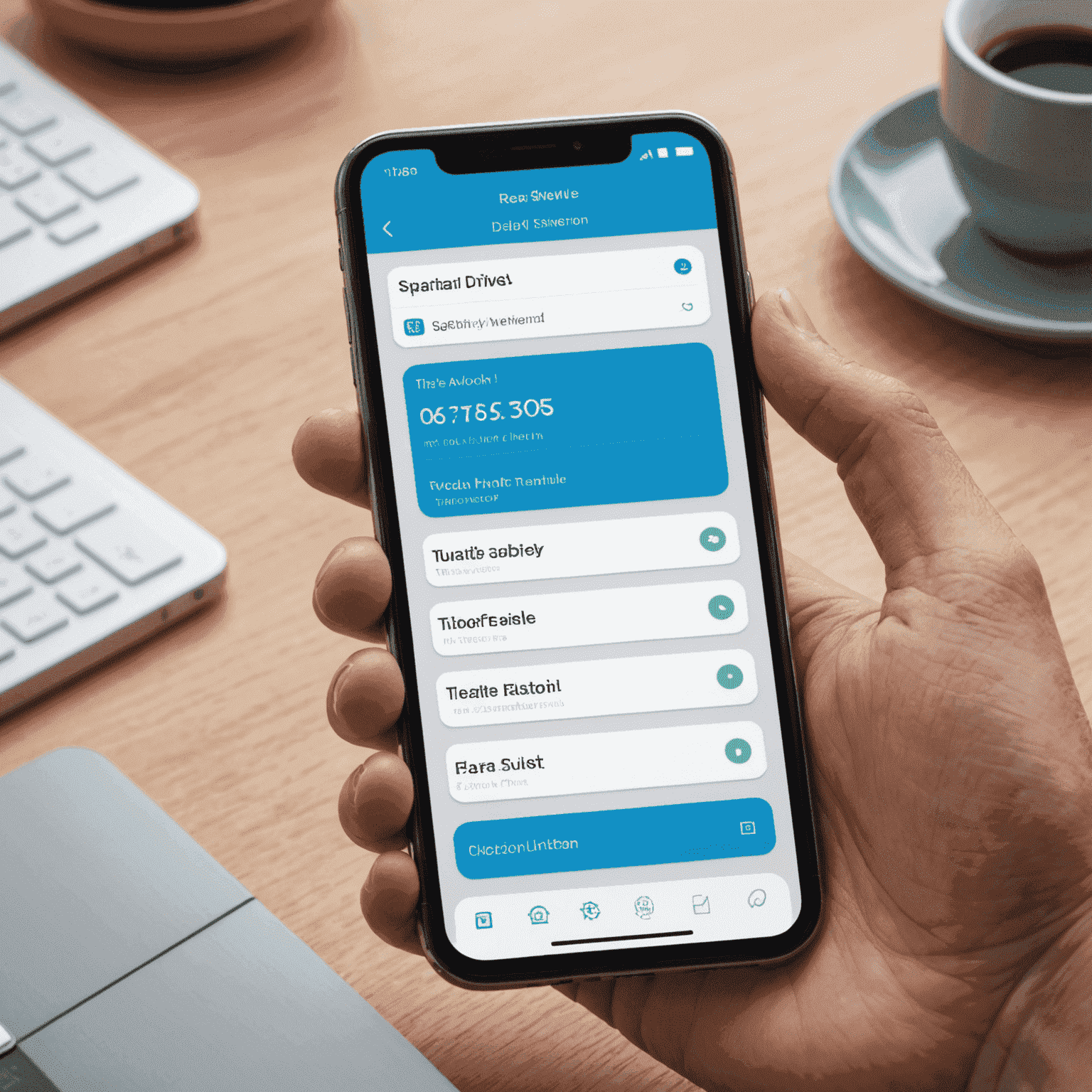 A hand holding a smartphone displaying our app's interface, showing a daily schedule view with notification pop-ups and quick action buttons